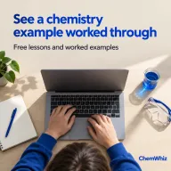 Student at a laptop with text about free chemistry lessons and worked examples