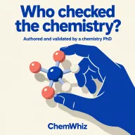 Illustrated hand holding a molecule model beneath a question about chemistry expertise