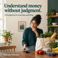 Person at home beside a bag of groceries and a phone, with ad headline text