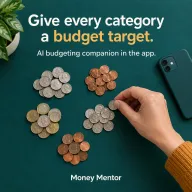 Hand arranging coins into groups beside a phone, with ad headline text