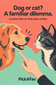 Illustrated dog-versus-cat choice with large ad headline text