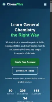 Mobile homepage of ChemWhiz