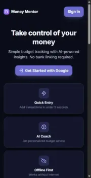Mobile homepage of Money Mentor