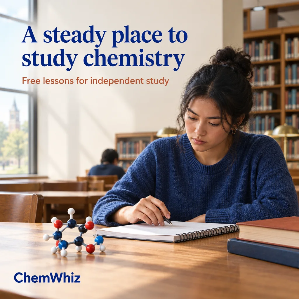 Student studying chemistry in a library, with text about free independent-study lessons