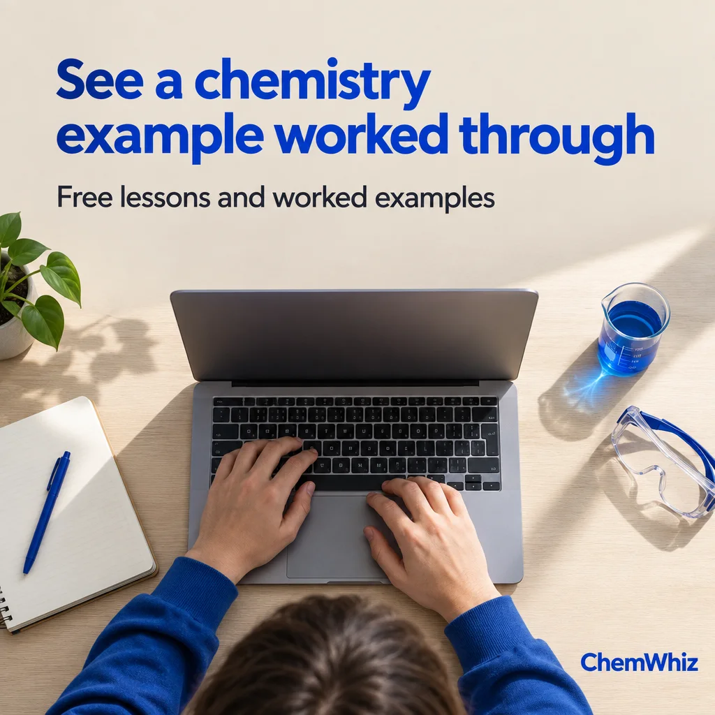 Student at a laptop with text about free chemistry lessons and worked examples