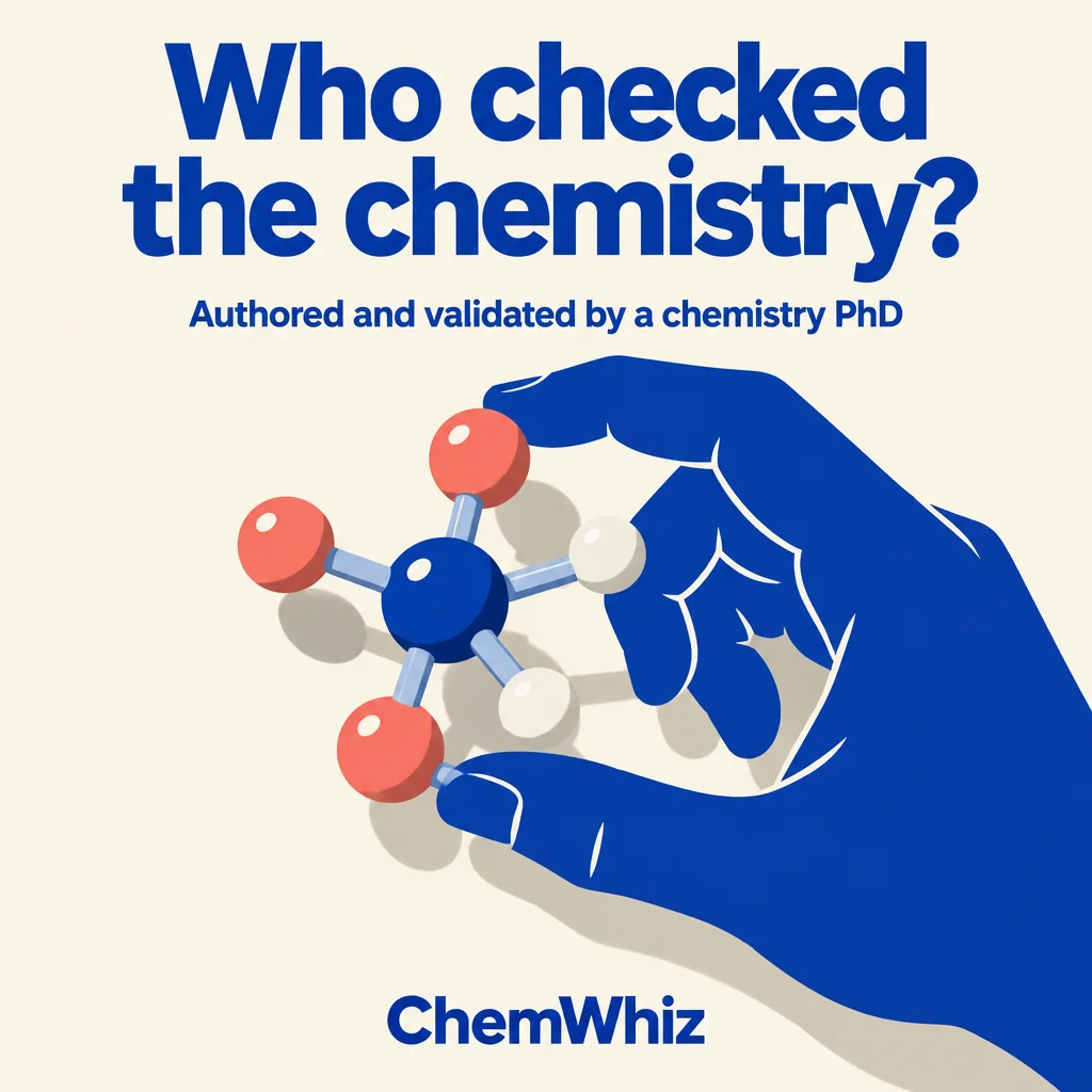 Illustrated hand holding a molecule model beneath a question about chemistry expertise