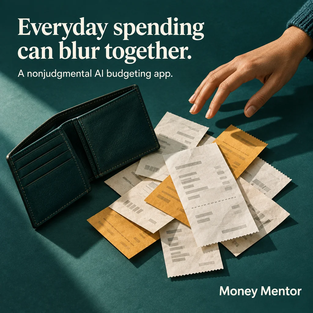 Wallet and loose receipts on a desk, with ad headline text